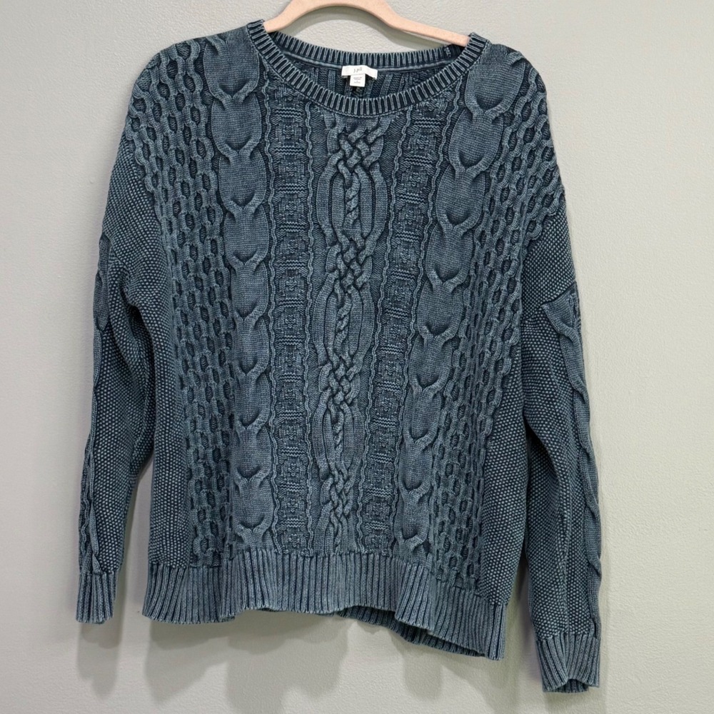 J. Jill Blue Cable Knit Cotton Sweater Large Petite Faded Wash Crewneck Pullover